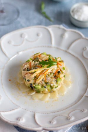 Ceviche passion, concombre, asperge et merlan