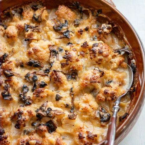 gratin de chou fleur et champignons, béchamel à la raclette