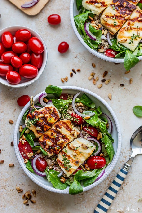 salade lentilles et halloumi au miel grillé